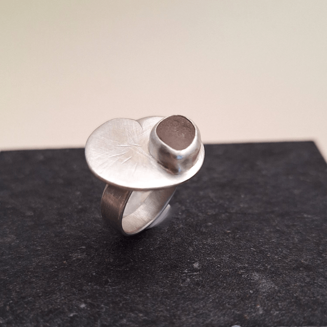 Nénuphar rose - bague argent brossé et verre