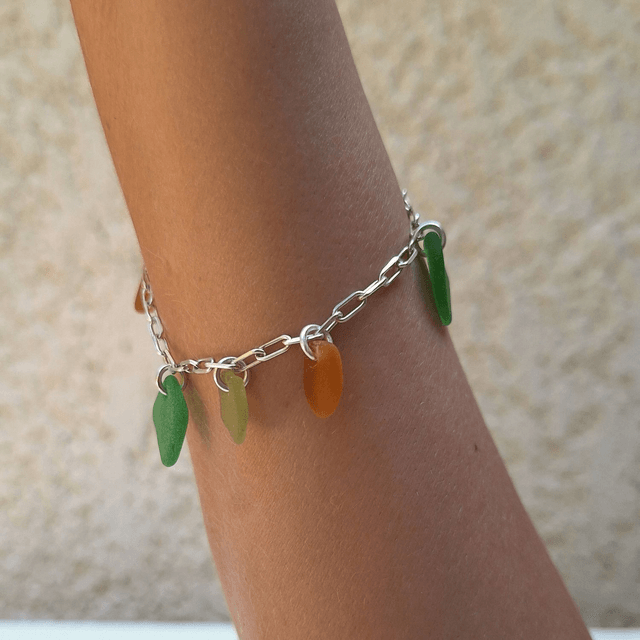 Bocca vert et orange - bracelet en argent et verre des plages
